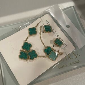 Gold and Green faux malachite stone clover jewelry set